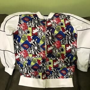 GNET Bomber Jacket Small White Pop Art Comic Print Zip Front‎ Streetwear
